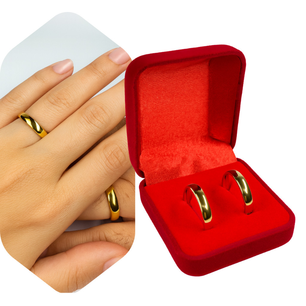Par de Aliança 4mm Anatômicas + Estojo de Veludo Noivado e Casamento - Aliança Aço Inoxidável 316 L