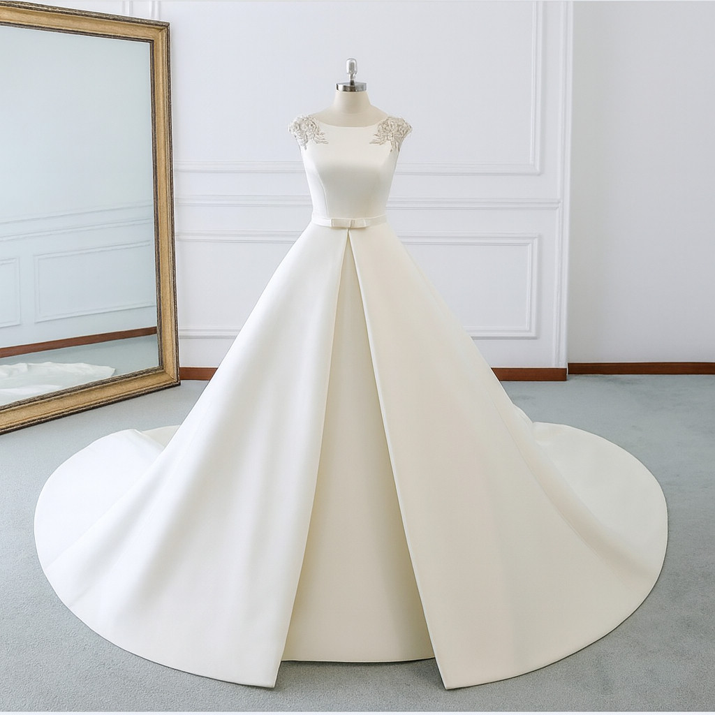 Vestido de Noiva Clássico Princesa Cauda Longa em Cetim Branco Luma – Moda Sunset