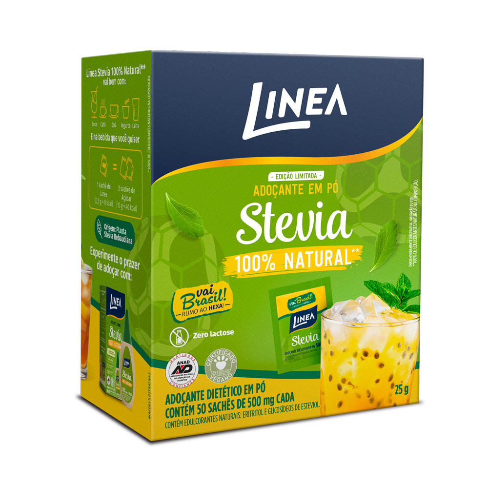 Adoçante em pó Stevia Linea 50 Sachês de 500mg Edição Especial Copa do Mundo 2026