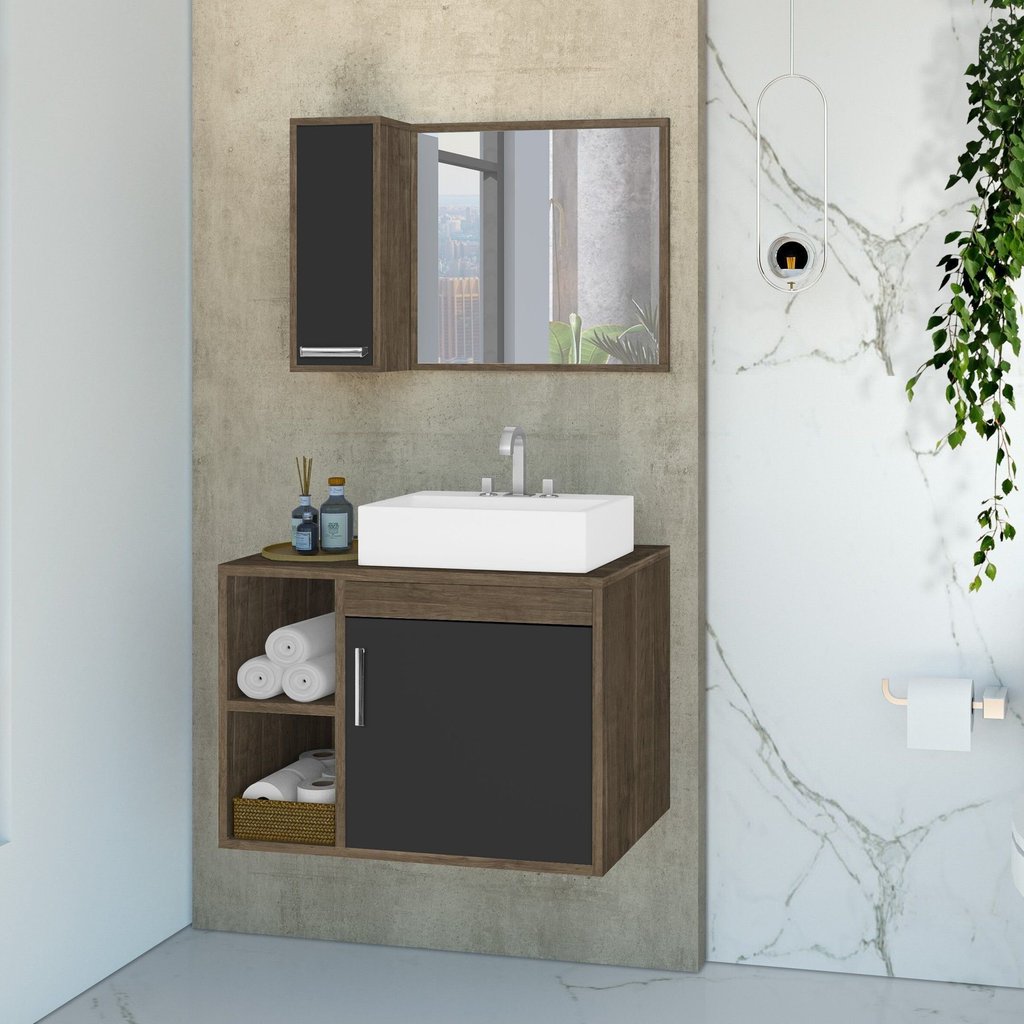 Conjunto Gabinete para Banheiro com Cuba de Sobrepor e Espelheira 60cm Dublin Preto/Avelato Avelato/Preto