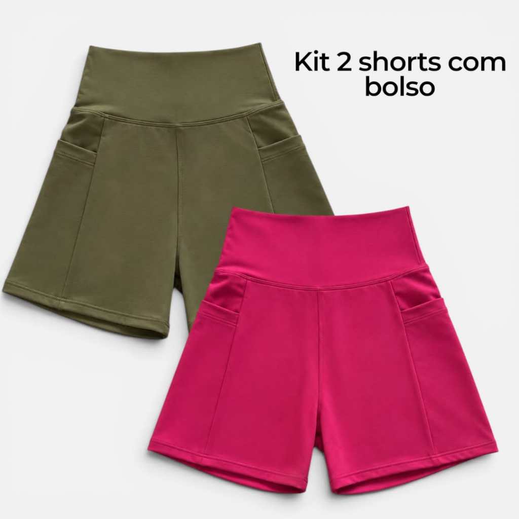 Kit 2 Shorts Feminino Modelador Suplex Zero Transparência Leg C/ Bolso para Celular Corrida Roupa Academia