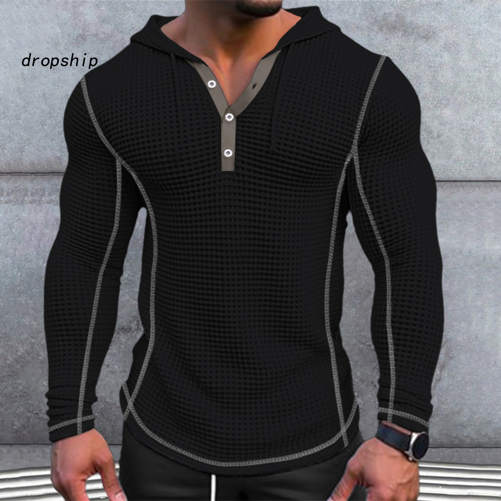 Breathable Waffle Fabric Sweatshirt Men Polyester Hoodie Men's Slim Fit Cotton Long Sleeve Pullover with Button Closure