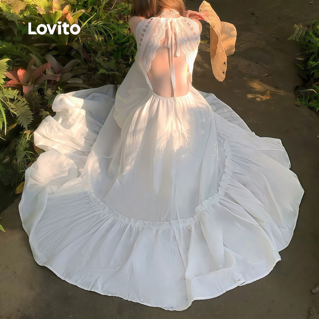 Lovito Longo Vestido Boho com Amarração Nas Costas em Renda para Primavera/verão