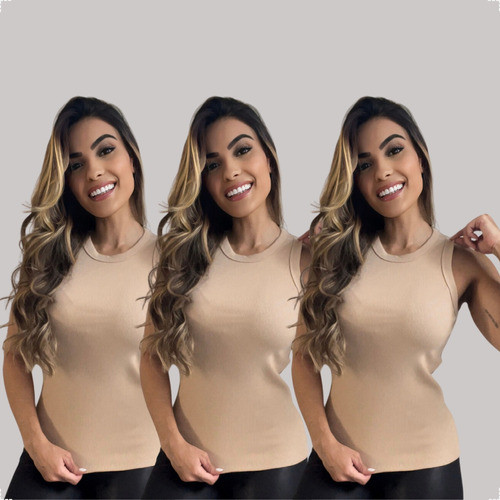 Kit 3 Blusinhas Canelada Regata Básica Lisa Algodão Confortável Moda Verão Casual