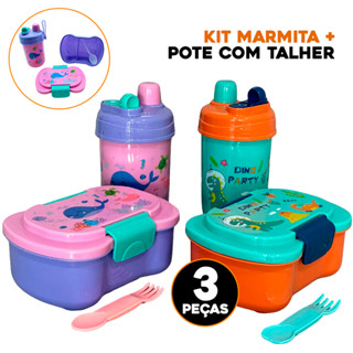 Kit Marmita Infantil + Pote com Talher e Garrafinha 3 Peças Escolar em Oferta na Shopee