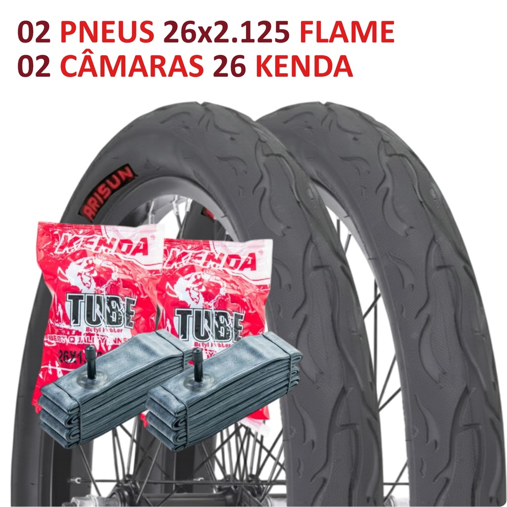 Par Pneu 26x2.125 Flame + 2 Camara Aro 26 Kenda Bico Grosso (2 Pneu + 2 Camara) Bicicleta Aro 26