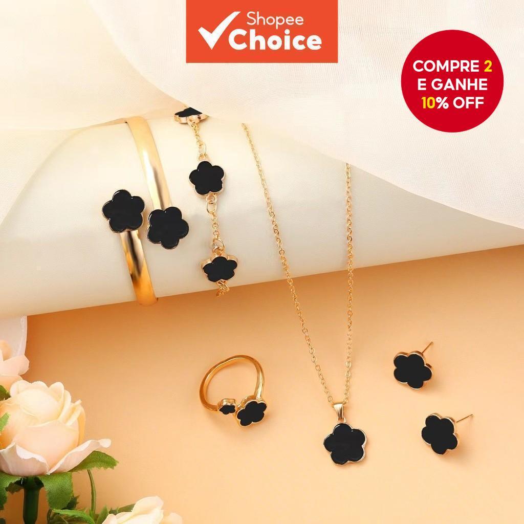 Conjunto de joias com trevo de cinco folhas preto elegante: pulseira, colar, brincos e anéis folheados. em Oferta na Shopee