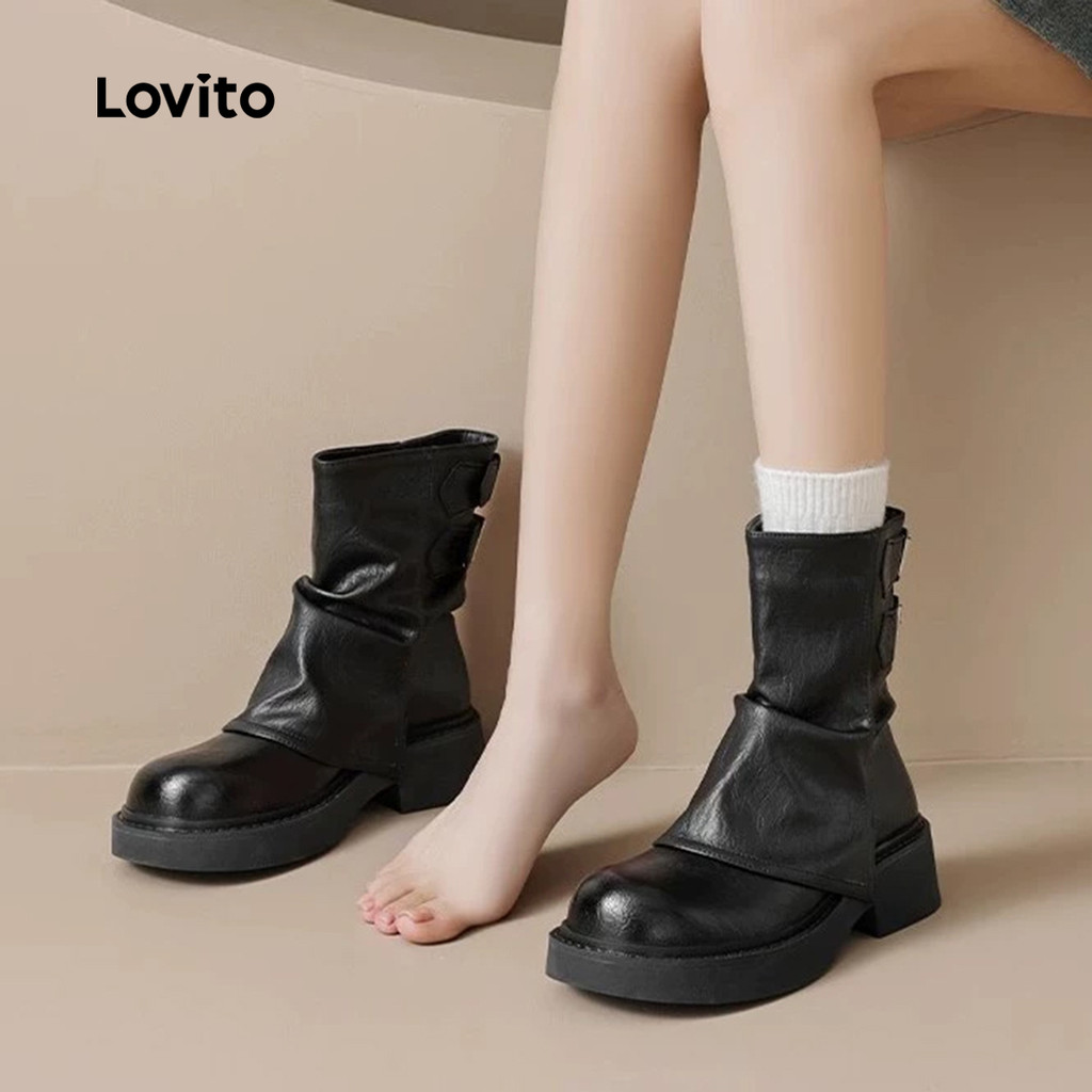 Lovito Botas Casuais com Fivela de Metal para mulheres LFA103036 em Oferta na Shopee