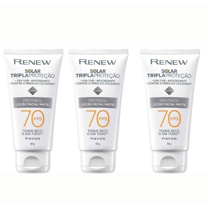 Kit com 03 Protetores de rosto Solar Renew FPS 70 Incolor 40g Avon