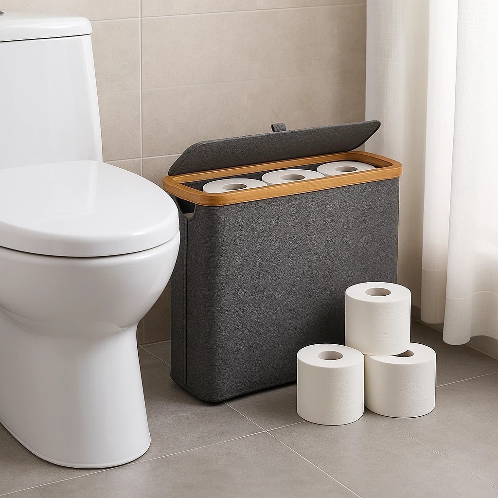 Cesto Multiuso Dobrável com Tampa Cor Cinza Organizador de Papel Higiênico Suporte Funcional