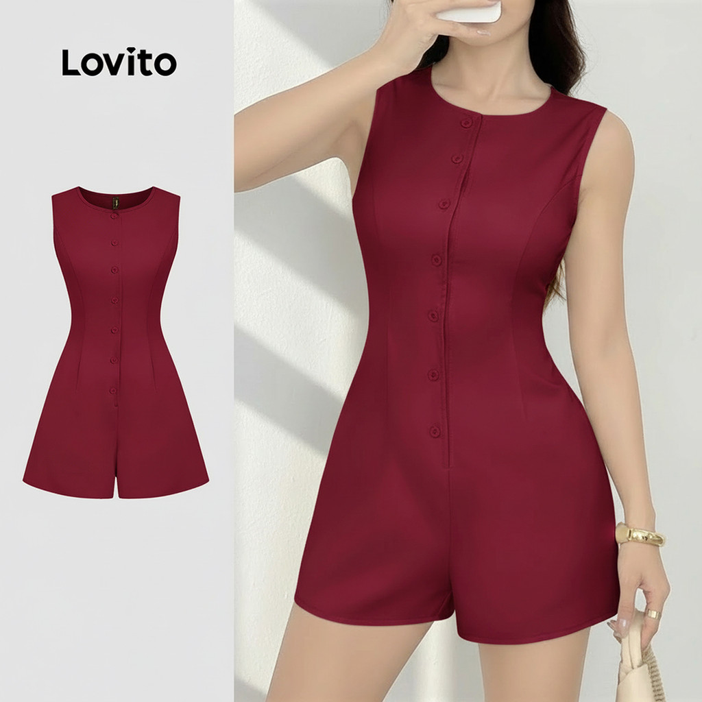 Lovito Macacão Casual De Festa Com Botões Vermelhos Estilo Cáqui Para Mulheres Ideal Para Primavera/verão L164ED409