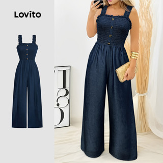 Lovito Macacão Casual Smocked Primavera/verão Azul para Mulheres LBL31009 em Oferta na Shopee
