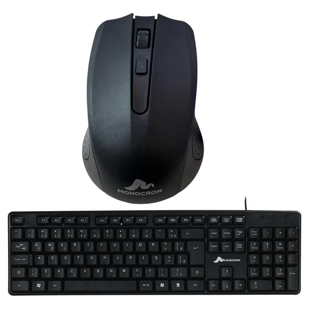 Kit Mouse Sem Fio e Teclado Com Fio QWERTY Preto MN4W310 MN8236 Monocron