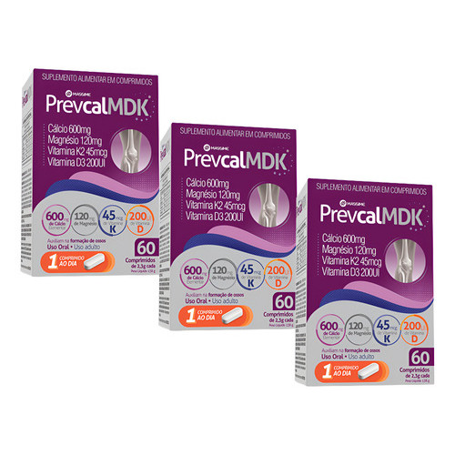 3x Prevcal Mdk 600mg Calcio 60cpr Vitaminas D, K, Magnésio