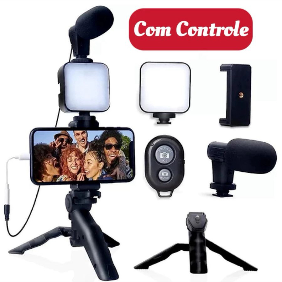 Kit Vlog BlogueiraTripé Estabilizador de Mão kit vlog 5 em 1 gimbal Microfone Celular Gravação De Vídeo supercasa