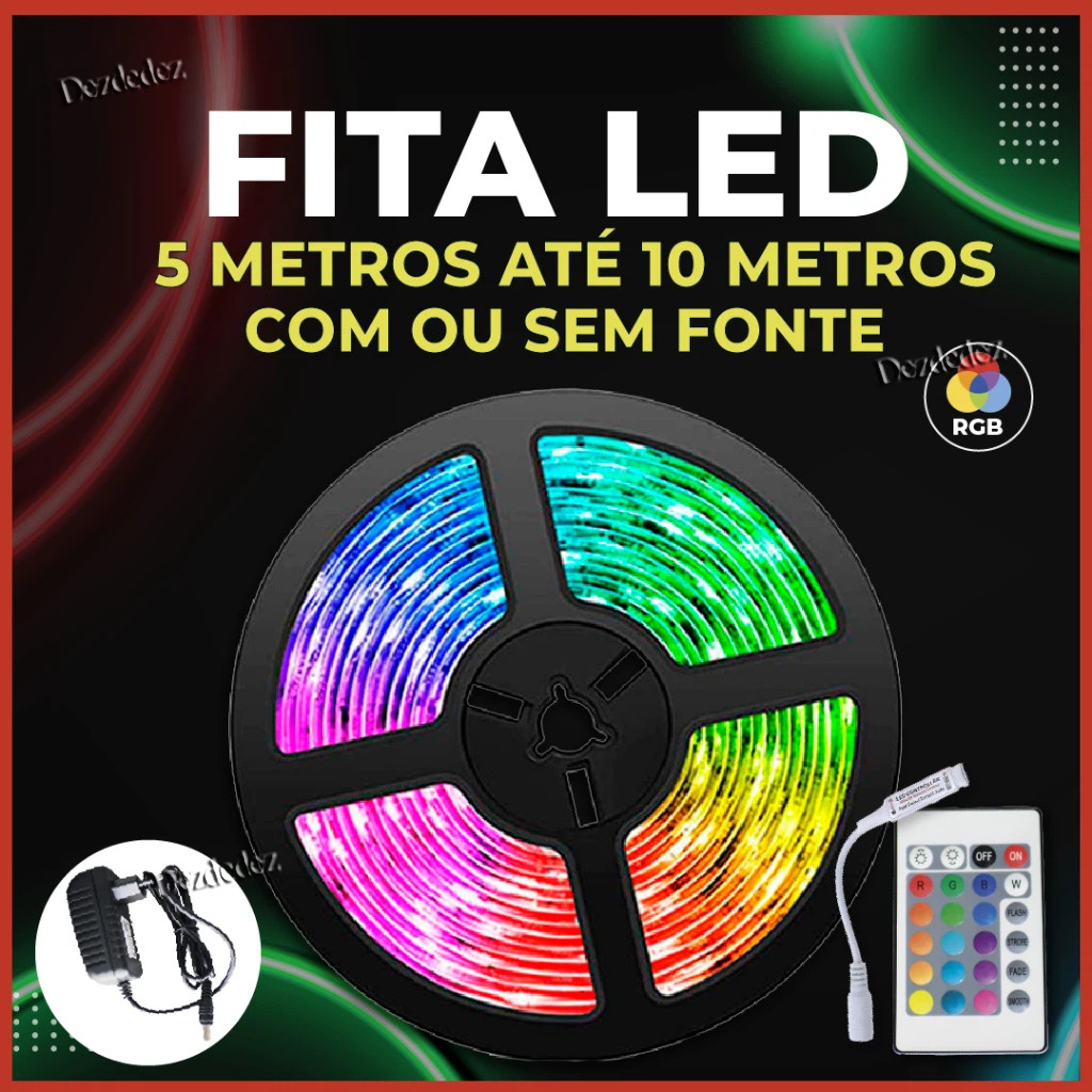 Faixa LED 5/10/15/20M 5050 SUPER ULTRA RGB 12V 300 Fita LEDS + Controle + Fonte | 16 Cores IP20