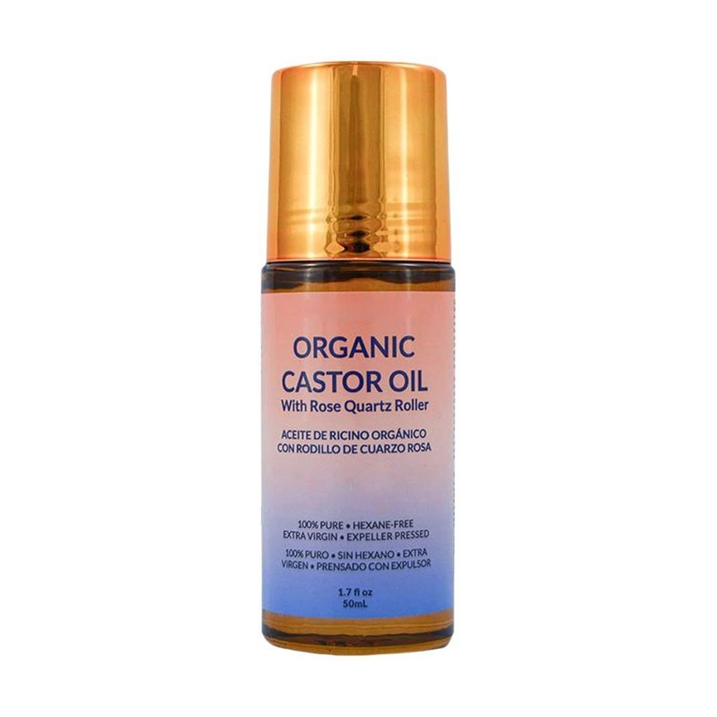 Óleo de Rícino Orgânico com Rolo de Quartzo Rosa, 1,7 fl oz, 100% Puro Extra Virgem, Livre de Hexano K2BS