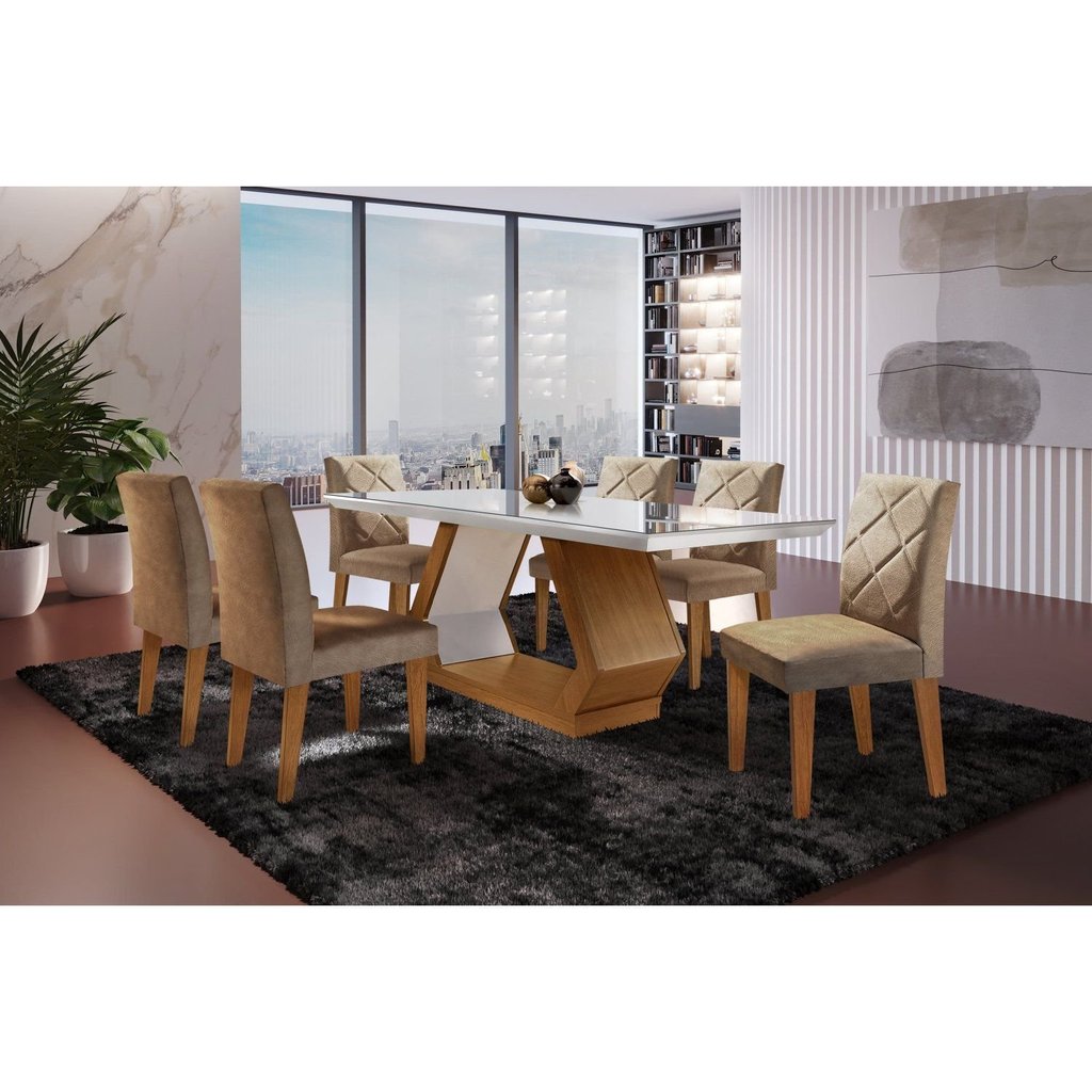 Conjunto Sala de Jantar Mesa Islandia 180x80cm Tampo Vidro/mdf Canto Reto com 6 Cadeiras Irlanda Off White/Imbuia/Palha