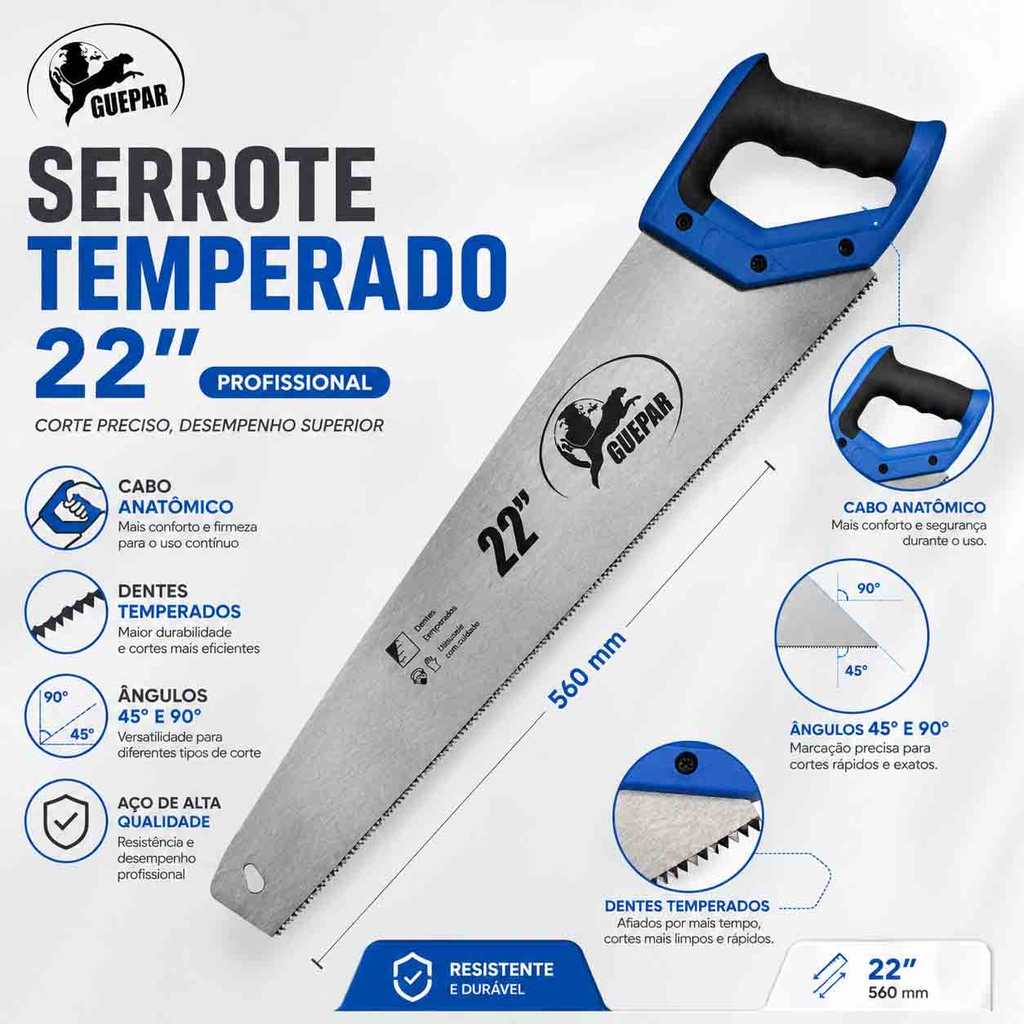 Serrote Temperado 22 Pol Cabo Anatômico Emborrachado Para Marcenaria Carpintaria Profissional