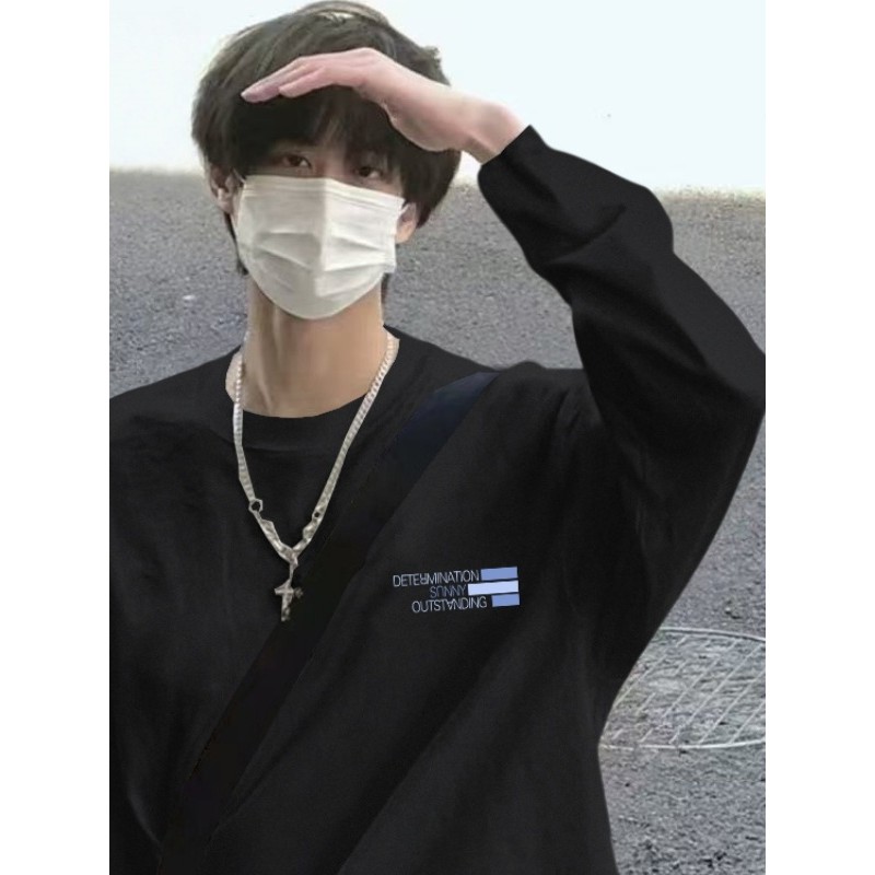 Camiseta masculina de manga comprida de algodão puro primavera outono novo estilo estilo americano na moda solta tamanho