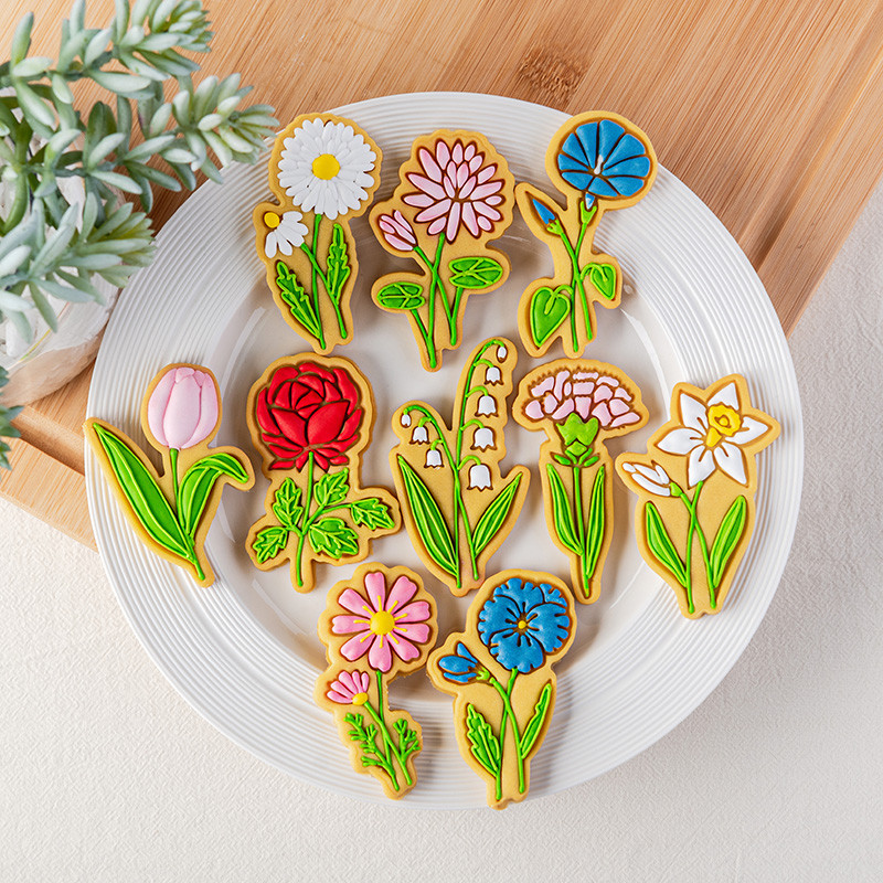 Dia Das Mães Flor Biscoito Molde Rosa Cravo Tulipa Geada Açúcar Mão Pressionado Cortador De Ferramenta De Cozimento