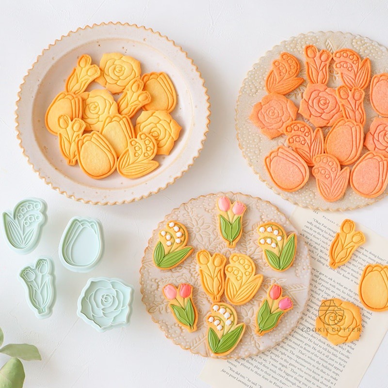 4 Pçs/Set Primavera Flores Tema Cortador De Biscoito Tulipa Rosa Lírio Do Vale Forma Molde Imprensa Mão Fondant Decoraçã