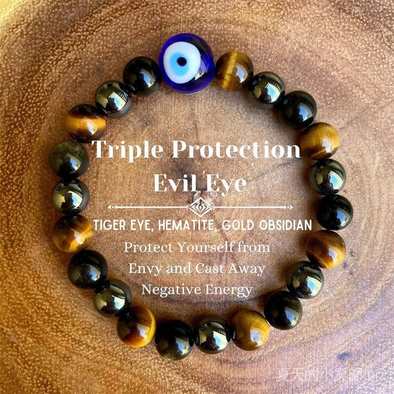 Pulseira de Tripla Proteção contra o Olho Maligno, Olho de Tigre, Hematita, Obsidiana, Pulseira Protetora, Cura, Calmant