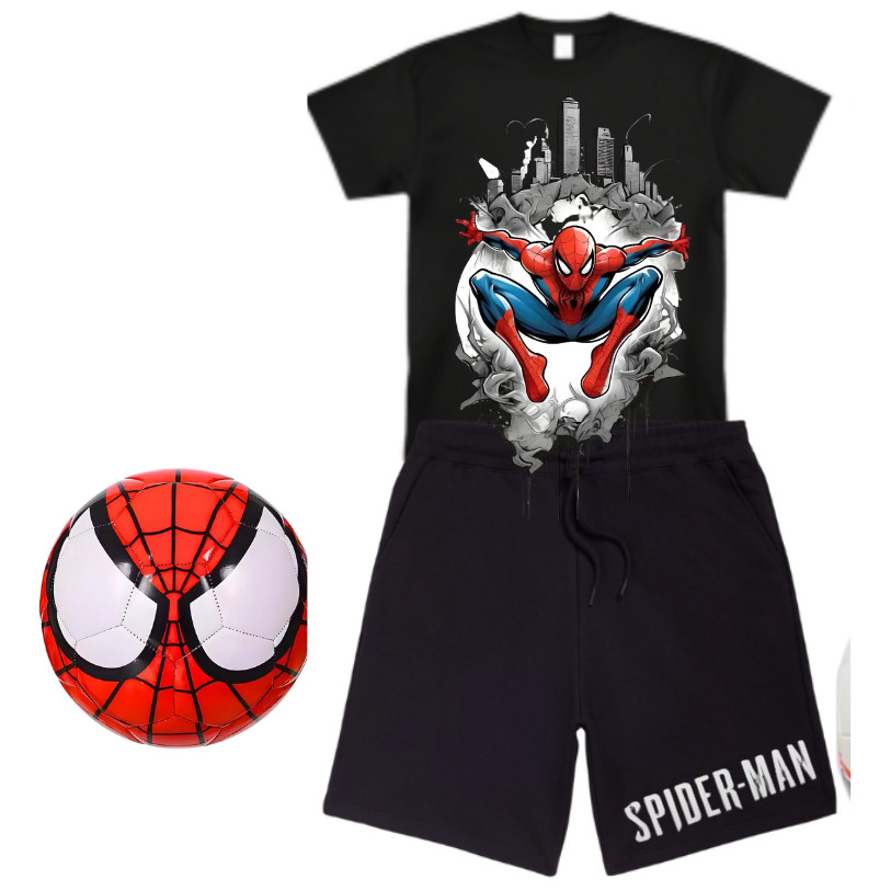 CONJUNTO INFANTIL CAMISA SHORT HOMEN ARANHA +BOLA JUVENIL CRIANÇA