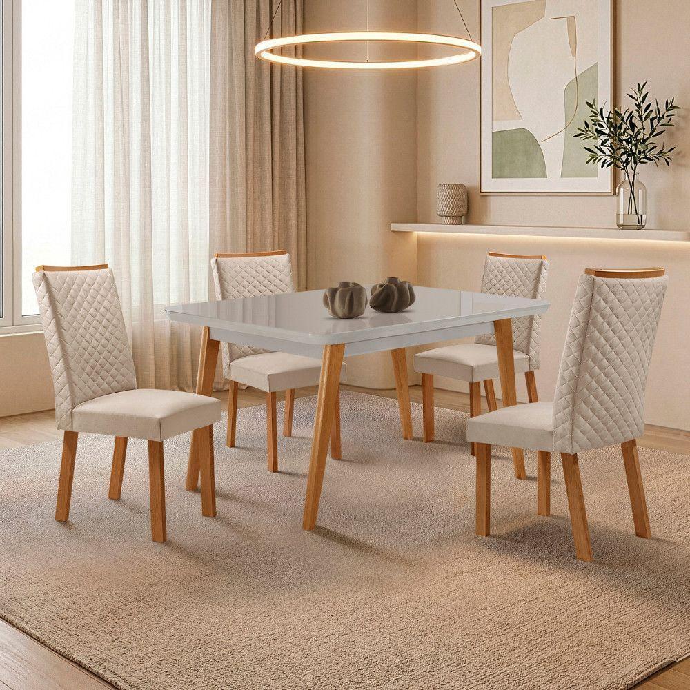 Mesa de Jantar Copper Lira 4 Lugares Tampo em MDF com Vidro Serigrafado Creme 120cm Moderna