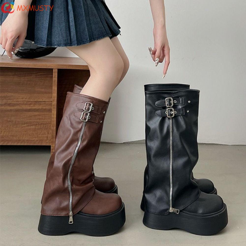 MXMUSTYZA Botas Femininas Até O Joelho , De Motociclista Com Plataforma Punk Y2K Cano Longo Gladiador