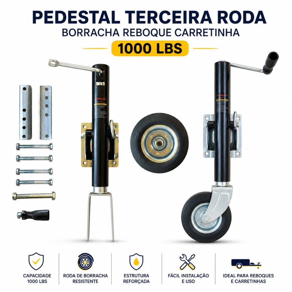 Pedestal Terceira Roda Borracha Reboque Carretinha 1000 Lbs