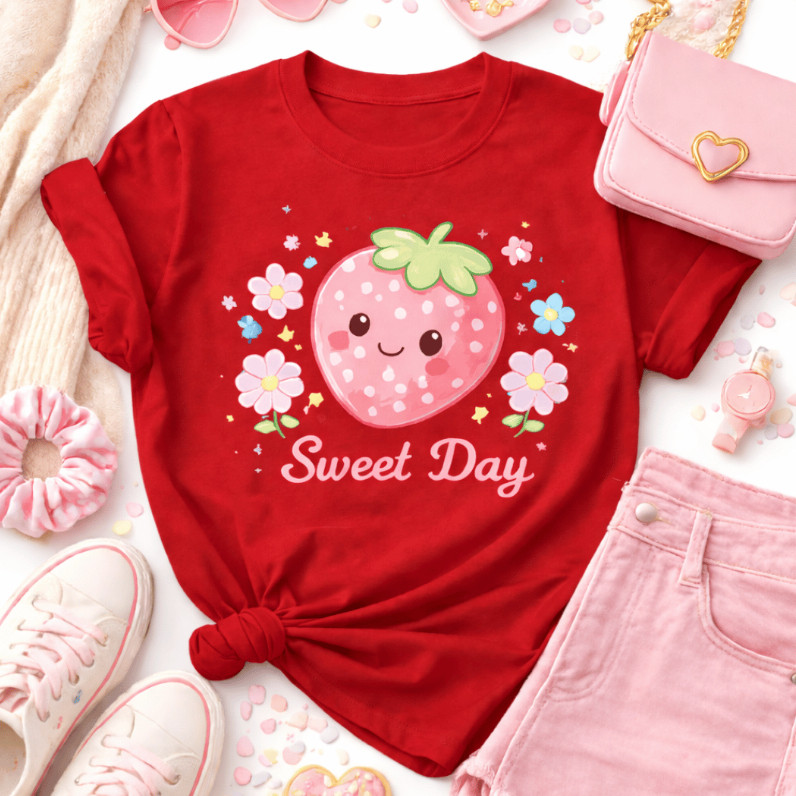 Camiseta camiseta Blusa Feminina Infantil Estampada Morango Rosa 100% Algodão