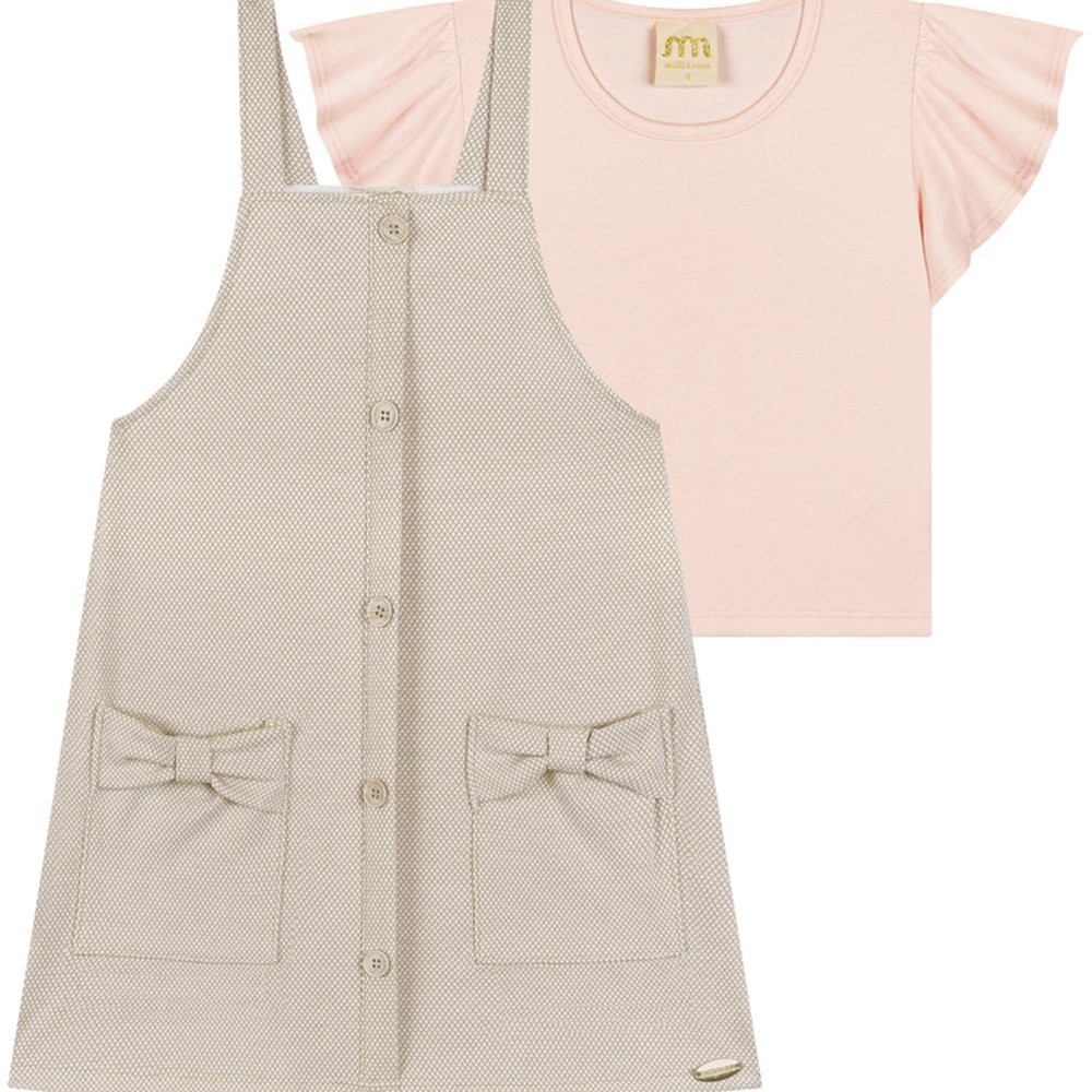 CONJUNTO MENINA DE BLUSA EM COTTON PENTEADO E SALOPETE EM BEE HONEY VINTAGE em Oferta na Shopee