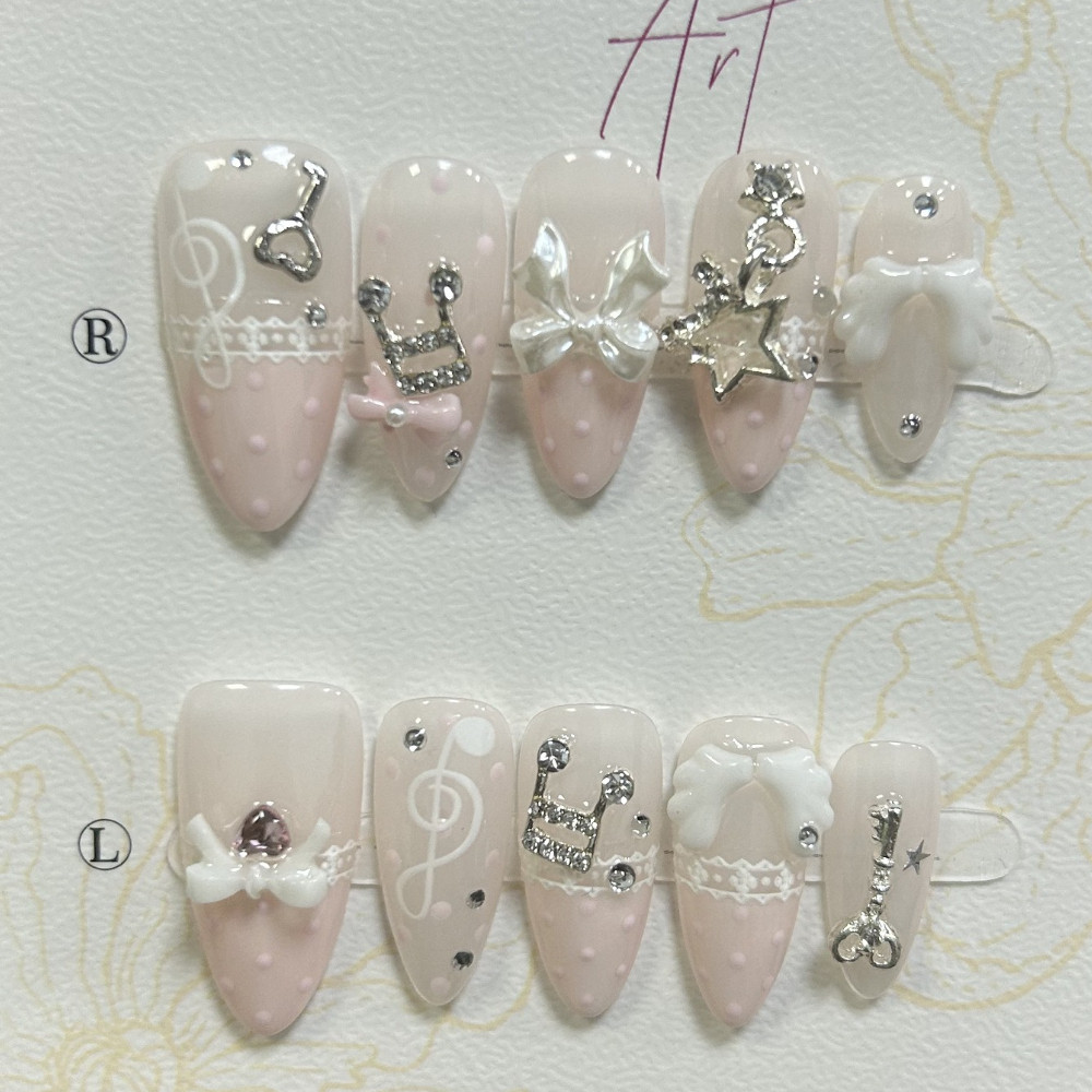 Notas Musicais Rosa Retro Bonito Rendas Bolinhas Amêndoa Francesa Imprensa Em Unhas Artesanais 3D Arco Estrela Asas Diam