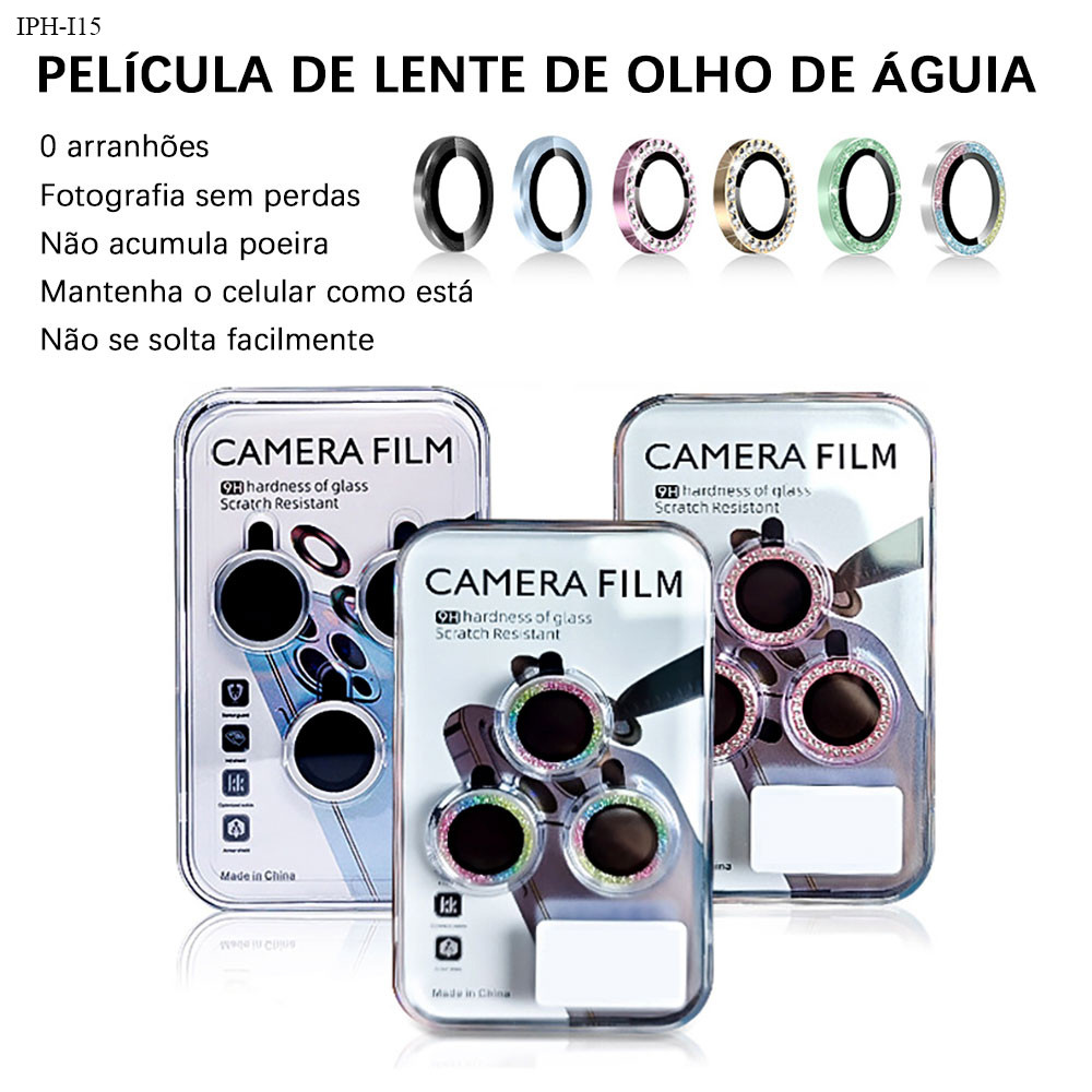 Película de Lente de Câmera com Strass Para iPhone 16 15 14 13 12 11 16E Pro Plus Max Mini Anti-Arranhão Integrada M007 em Oferta na Shopee