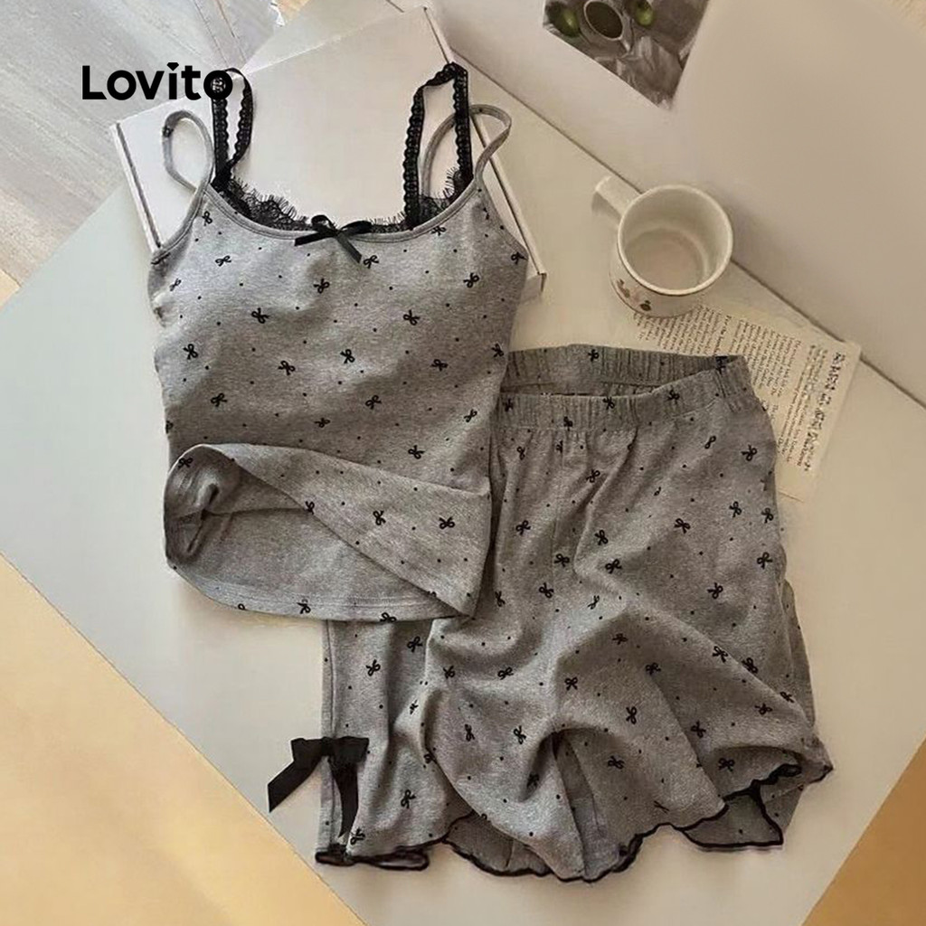 Lovito Conjunto de Pijama Casual 2 Peças com Bochecha Acolchoada Volante Lace para Mulheres LNE126080