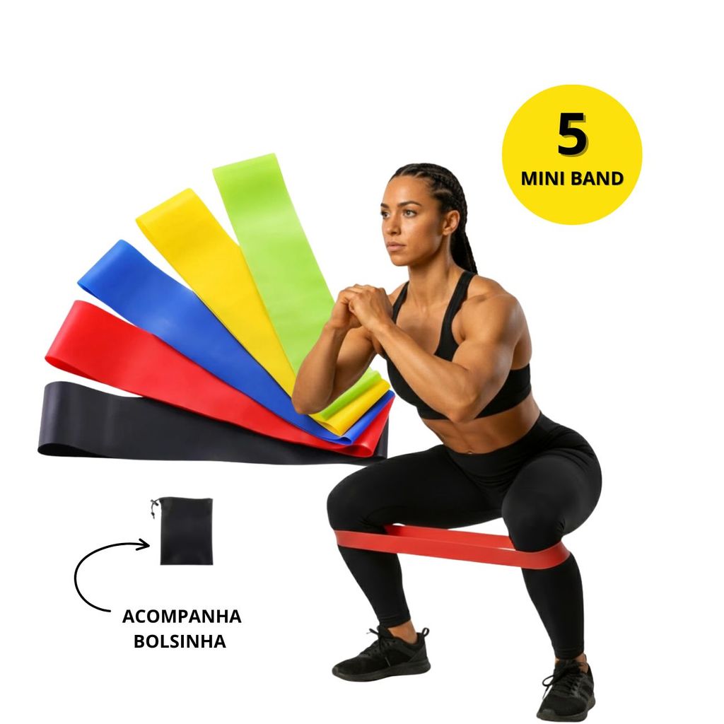 Kit 5 Faixas Mini Band Elásticas Látex Funcional Treino Yoga Pilates Exercício com Bolsa