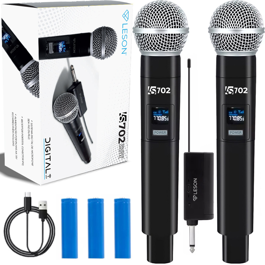 Kit 2 Microfone De Mão Sem Fio Duplo Wifi reless Recarregável Karaokê Igreja