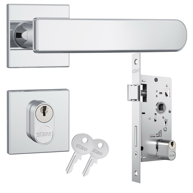 FECHADURA EXTERNA 803/41 MÁQUINA 40MM ROSETA QUADRADA INOX CROMADO STAM