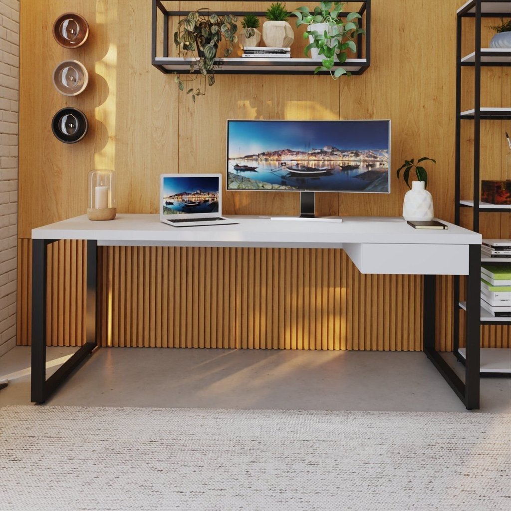 Escrivaninha Mesa Escritório Yon Presidente com 190x70x75 1 Gaveta 190cm Industrial Branco Branco