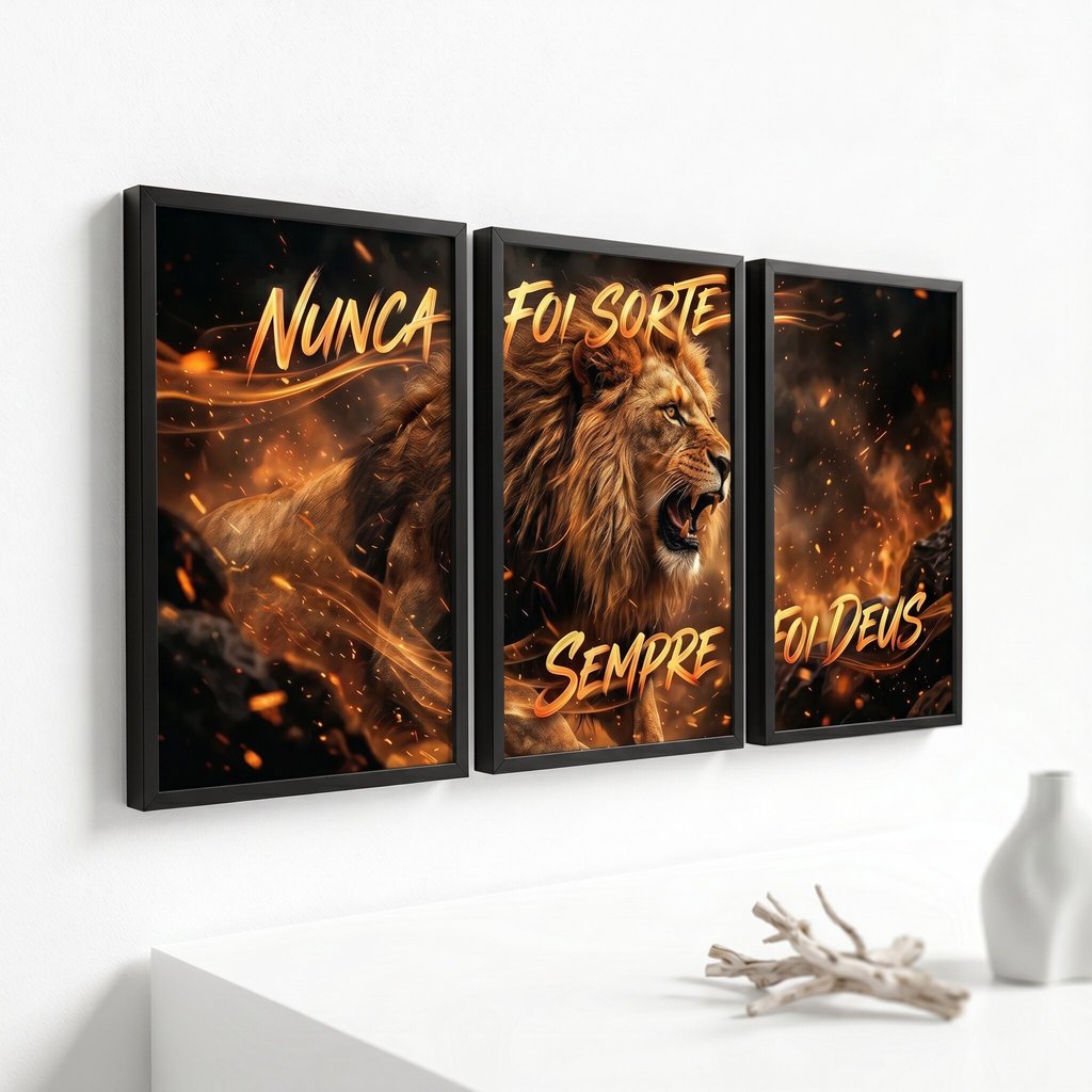 Quadros Decorativo Mosaico Religioso Leão Fogo Frase Sempre Foi Deus Arte Cristã Sala Quarto
