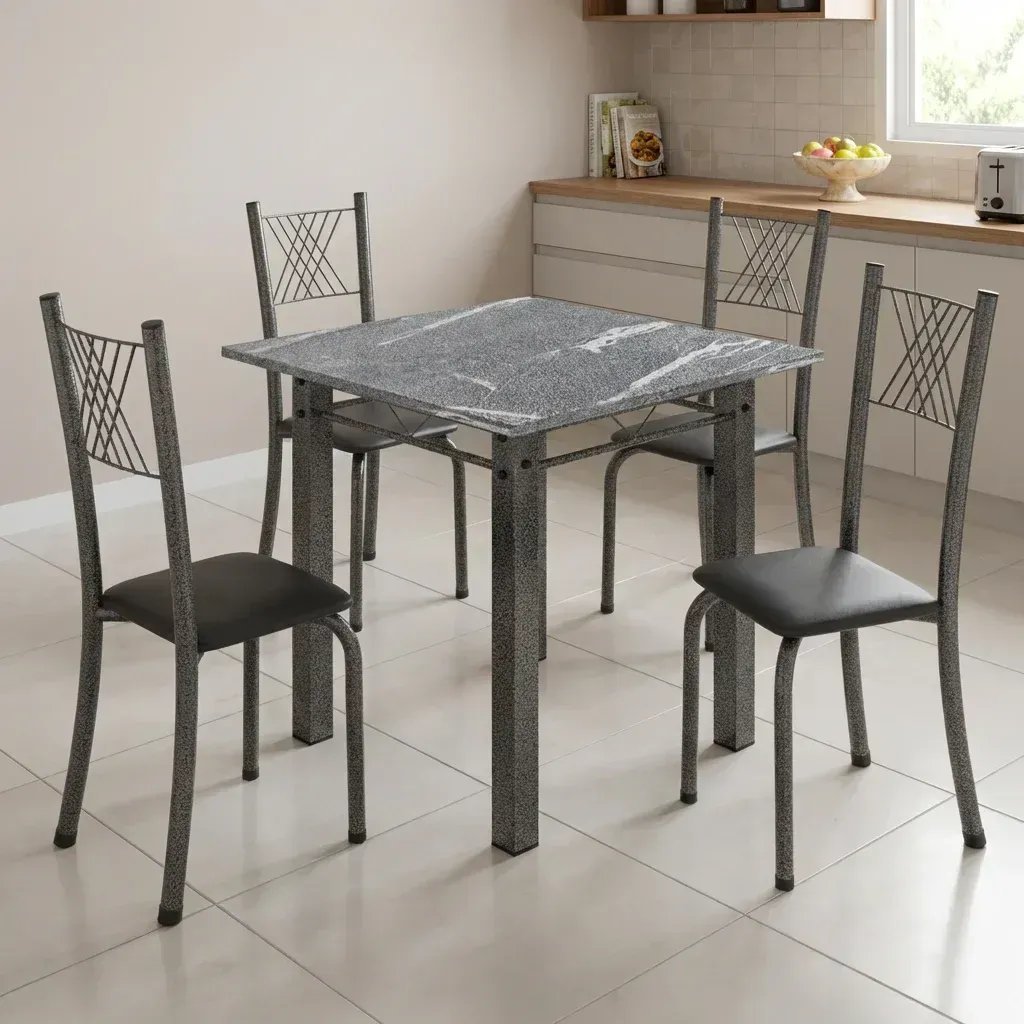Conjunto de Jantar Mesa 70x70cm 4 Cadeiras Tampo Granito Sara Preto Liso/Mart Prata Yescasa Preto Liso/Mart Prata