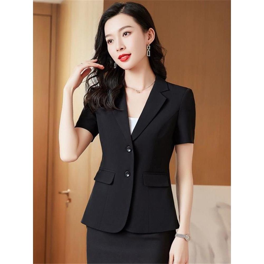 T elegante verão fino preto de manga curta Blazer feminino fino-ajuste profissional Formal terno banco gerente roupas de