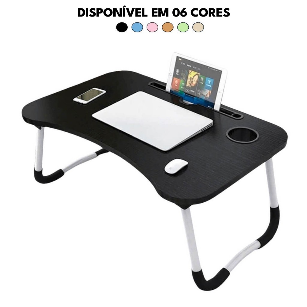Mesa Notebook Dobrável Portátil com Suporte Celular e Porta Copo Cama Sofá 6 Cores MDF