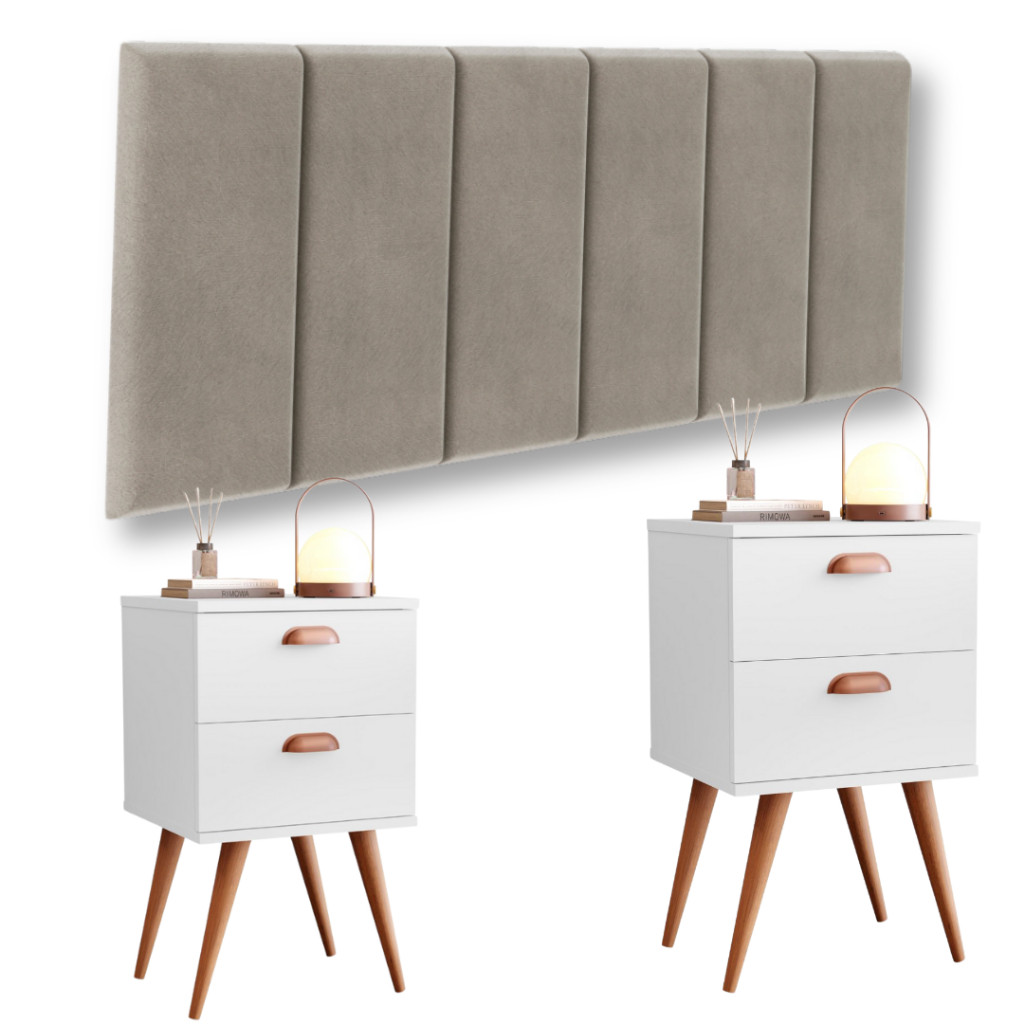Conjunto Cabeceira Cama + Kit Mesas Cabeceira Retrô Com 2 Gavetas Pés Criado Quarto