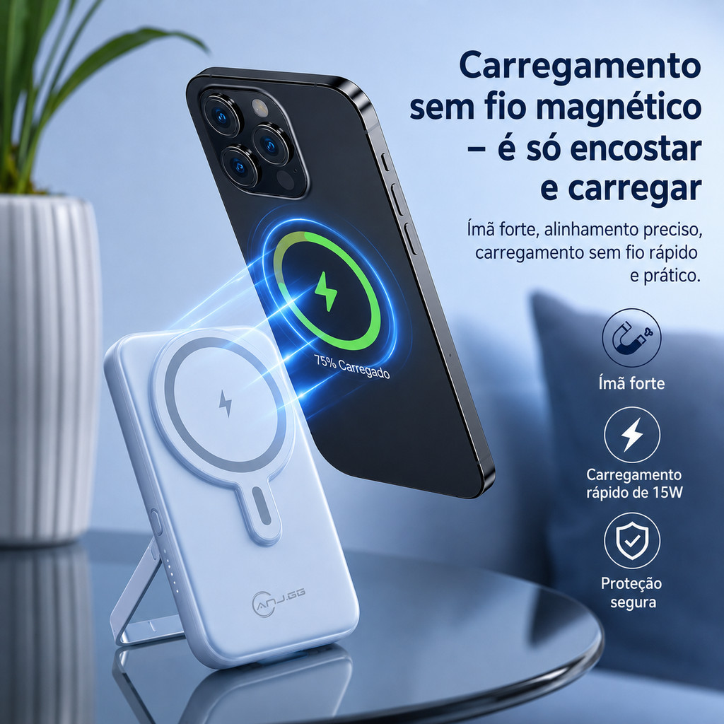 Power Bank Magnético 10000mAh  com Suporte  Carregador Portátil Wireless 22,5W com Cabos Embutidos