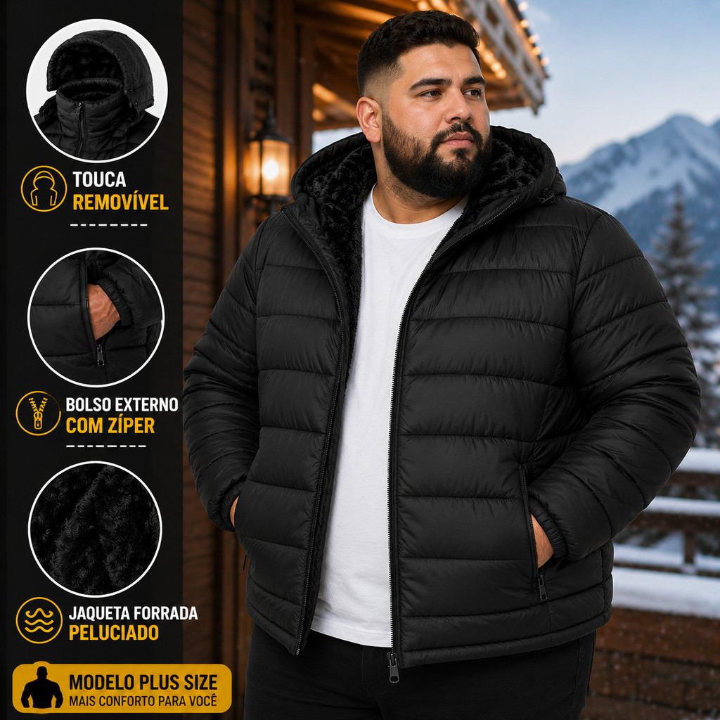 Jaqueta Puffer Plus Size Bobojaco Masculina Forrada Peluciada Capuz Removível Corta Vento Blusa Inverno Frio Estilosa