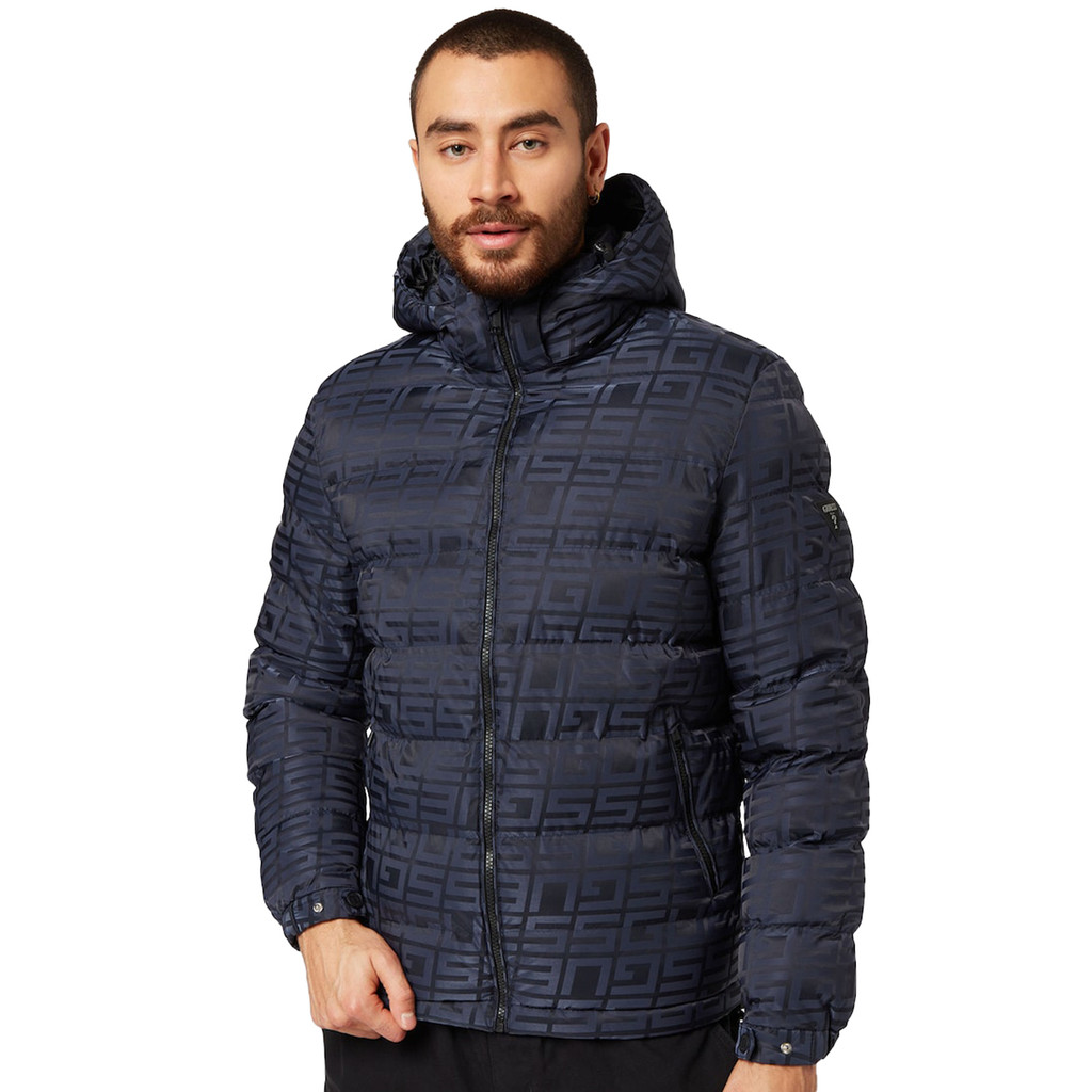 Jaqueta Guess Masculina Hoodie Allover Logo Puffer Azul Marinho