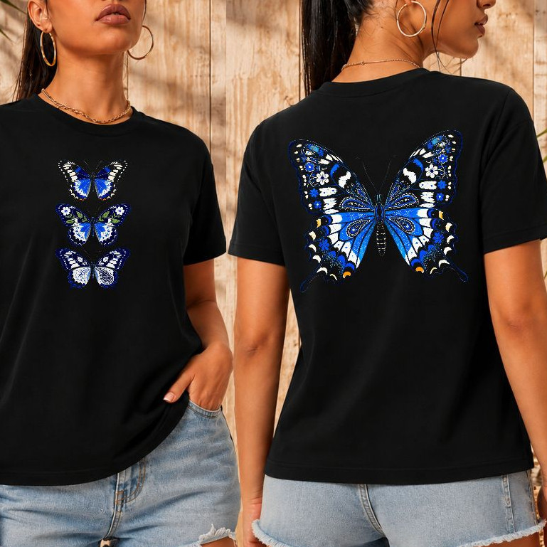 Camiseta Feminina Estilosa Borboletas Azuis Blusinha Casual Moda Atual Confortável Tendência LEVE BÁSICA,2026