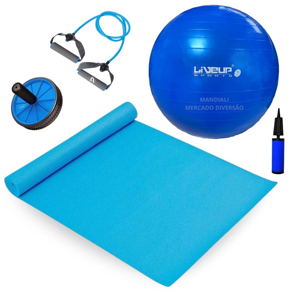 Kit Treino Colchonete Yoga + Bola Pilates 65cm + Roda Abdominal + Extensor Forte + Mini Bomba